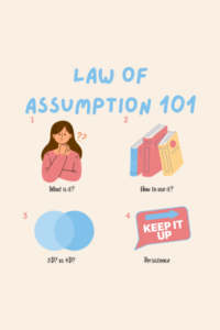 Law of Assumption 101 Infographic with the following questions: 1. What is it? 2. How does it work? 3. 3D? vs 4D? 4. Persistence